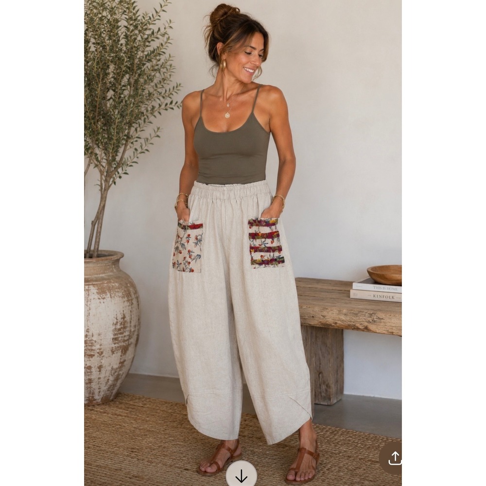Minibee Boho Linen Blend Wide Leg Cropped Pants Beige Floral Elastic Waist